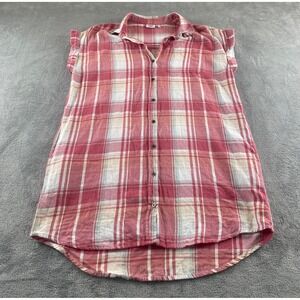 True Craft Womens Plaid Button Front Shirt Dress Red Pink White Size L High Low